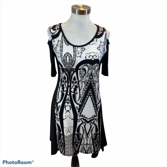 Artex Fashions Black and White Cold Shoulder Dress - Picture 1 of 11